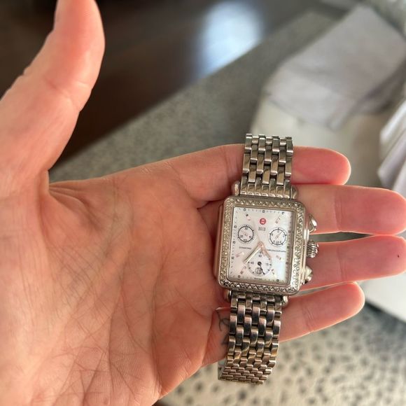 MICHELE Deco Stainless Diamond Watch With Addl Black Alligator Watch Band - Picture 6 of 14